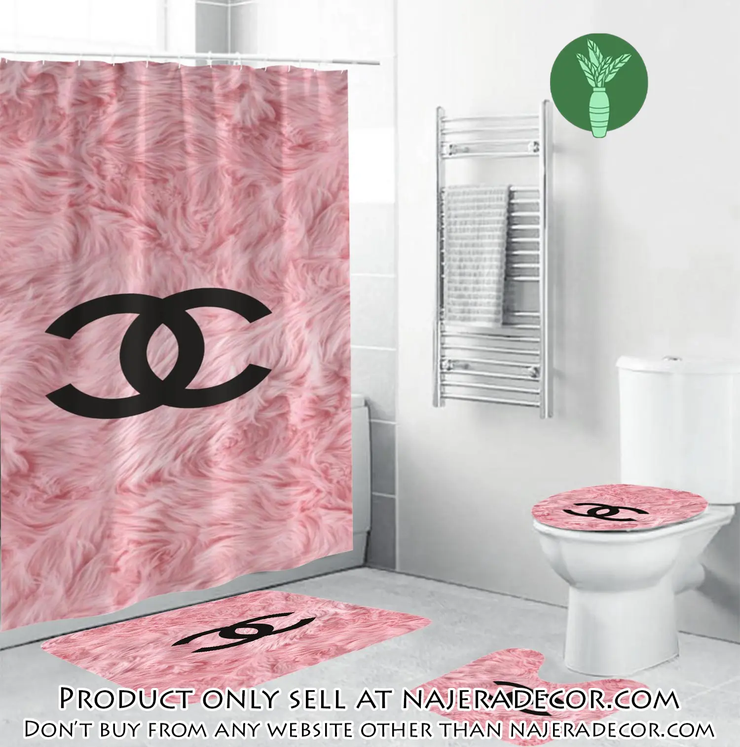 Coco chanel black logo in pink feather bathroom set shower curtain njr1825950
